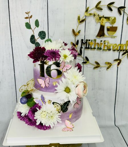 Elegant Purple Floral 16th Birthday Cake