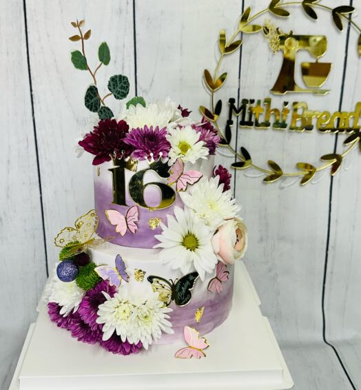 Elegant Purple Floral 16th Birthday Cake